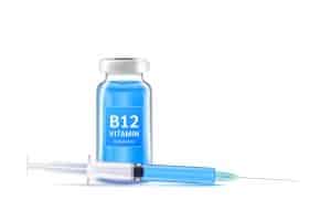Graphic of a vitamin b12 bottle and injection, used to improve wellness and energy levels.
